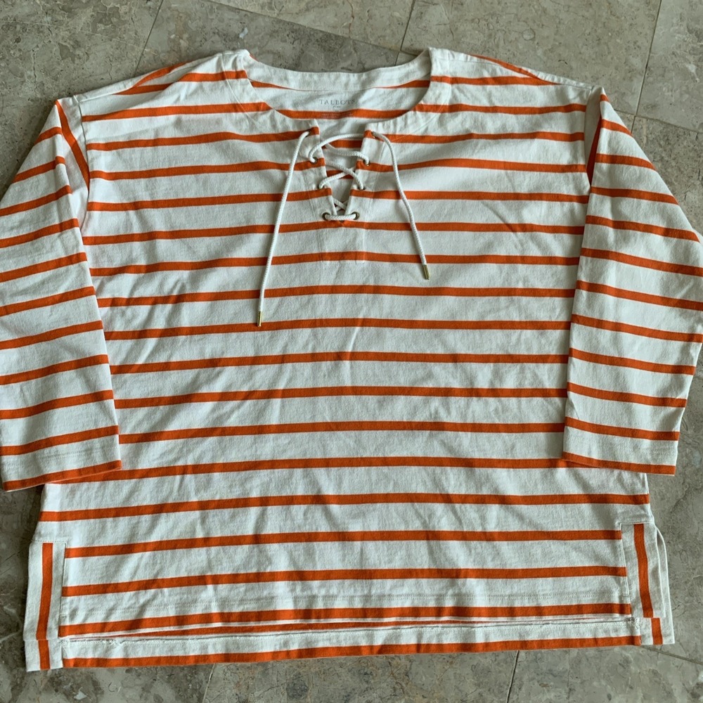 Talbots Irving Stripe Lace-up Top Cotton Ivory & Orange 3/4 Sleeves Sz Plus 3X